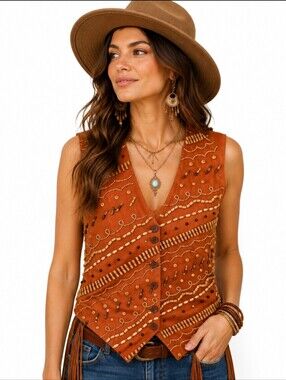 Kenar Orange Linen Beaded Southwestern Bohemian Vest Sz Small